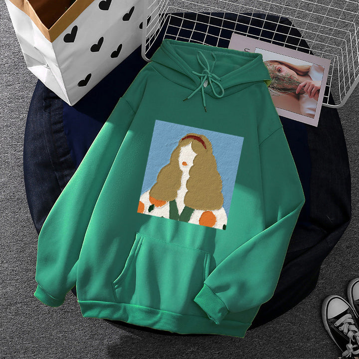 Damen Kapuzenpullover mit kunstvoller Chenille-Stickerei im Portraitstil und Kängurutasche – Auréline