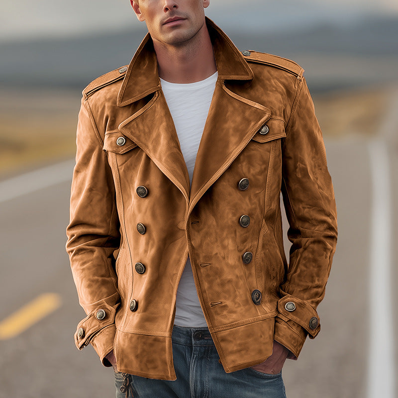 Herren nan doppeltreihige Vintage-Lederjacke mit Reverskragen und Schulterpatten Echo Archiv