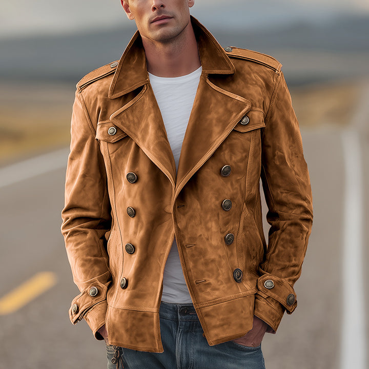 Herren nan doppeltreihige Vintage-Lederjacke mit Reverskragen und Schulterpatten Echo Archiv