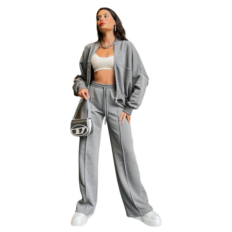 Damen Oversized Zip-Hoodie-Set mit Cropped Top und weiter Naht-Sweathose Echoarchiv
