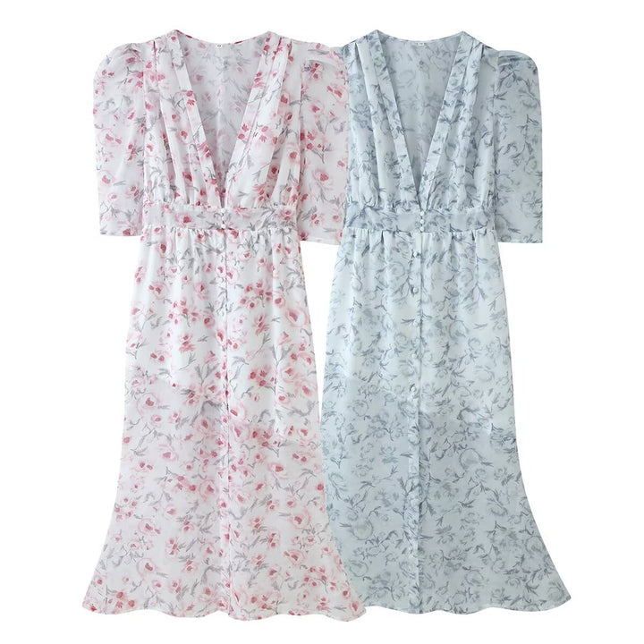 Damen Chiffon-Midikleid mit floraler Allover‑Optik, V‑Ausschnitt und geraffter Taille Echo Archiv