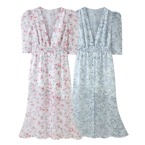 Damen Chiffon-Midikleid mit floraler Allover‑Optik, V‑Ausschnitt und geraffter Taille Echo Archiv
