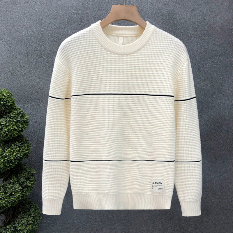 Unisex Strukturierter Waffelstrick-Pullover mit feinen Kontraststreifen Echoarchiv