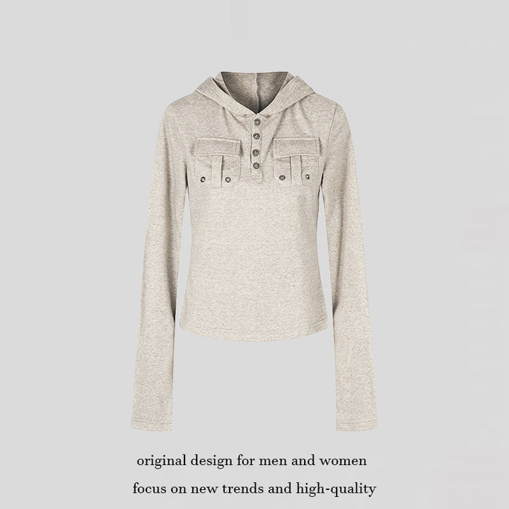 Damen Leichtes Kapuzen-Langarmshirt mit Henley-Knopfleiste und aufgesetzten Brusttaschen Echoarchiv