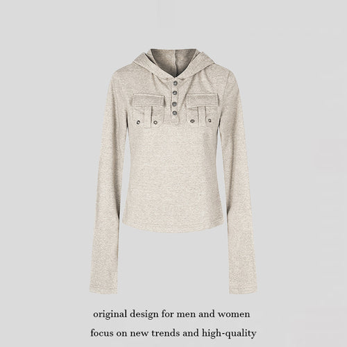 Damen Leichtes Kapuzen-Langarmshirt mit Henley-Knopfleiste und aufgesetzten Brusttaschen Echoarchiv