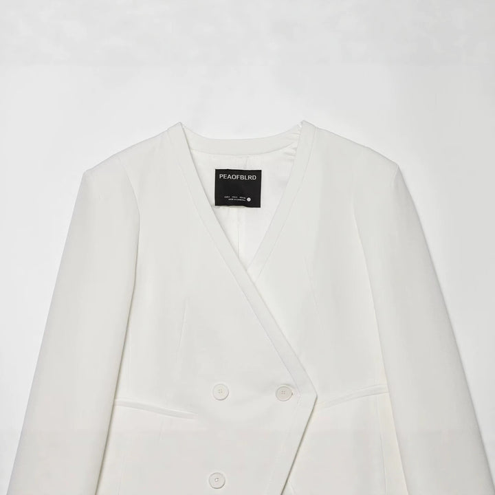 Damen Cropped Zweireihiger Blazer mit tiefem V-Ausschnitt und Manschetten Echoarchiv