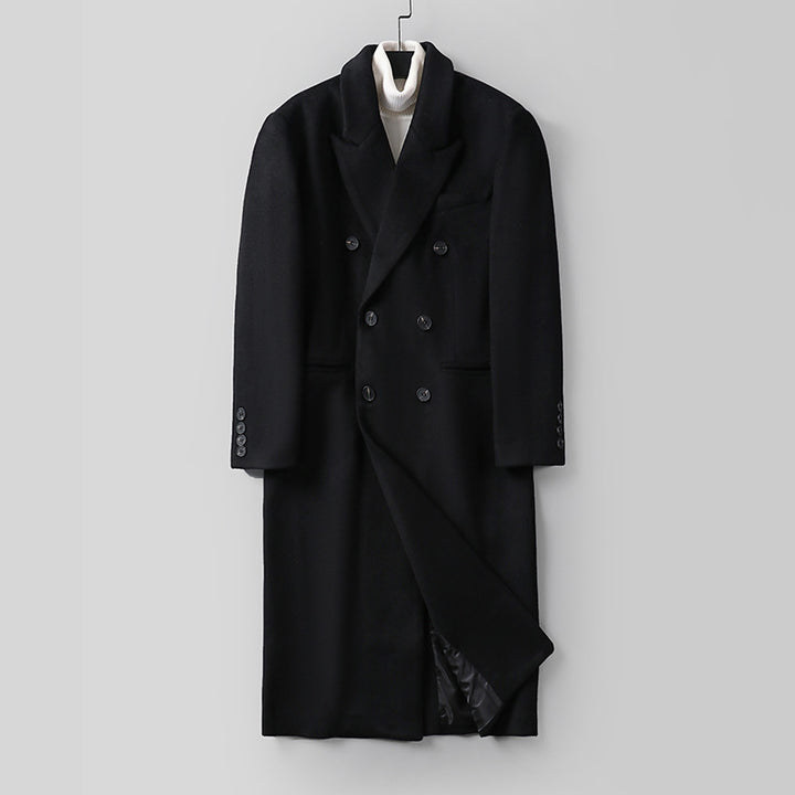 Herren Klassischer Doppelreiher-Longcoat aus Wollmischung mit Schalkragen und feiner Innenfutterverarbeitung Echoarchiv