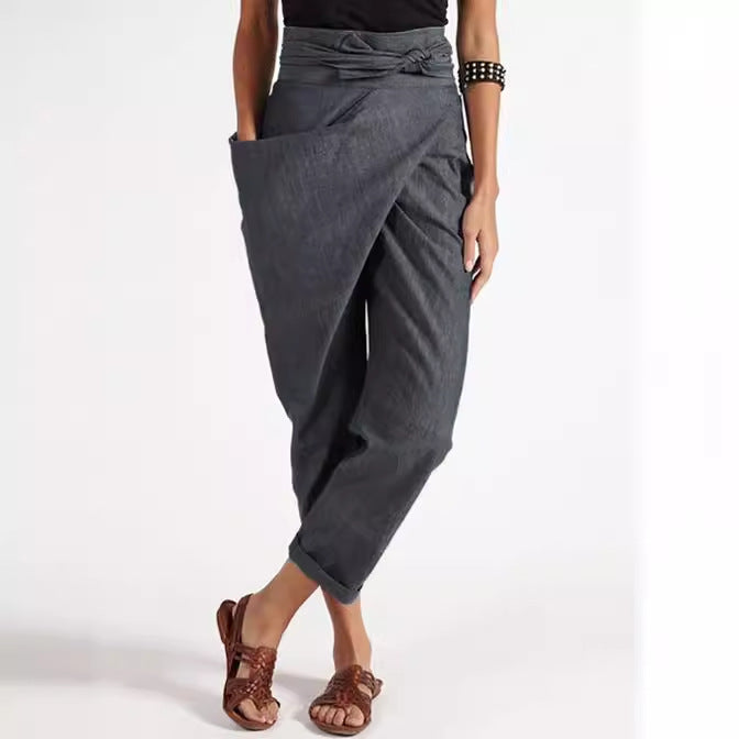 Damen nan Wickelhose aus Leinenmix mit hohem Taillenbund, überlappender Vorderseite und großzügiger Eingrifftasche Echo Archiv