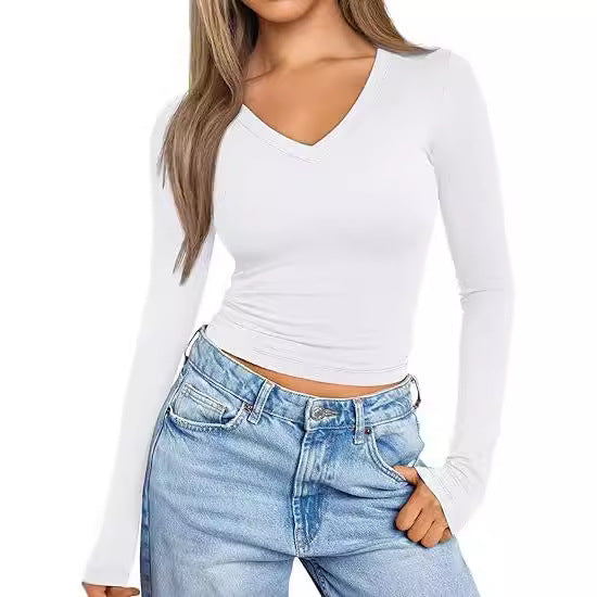 Damen Figurnahes Langarm-Cropped-Shirt mit V-Ausschnitt und elastischem Taillenbund Echo Archiv