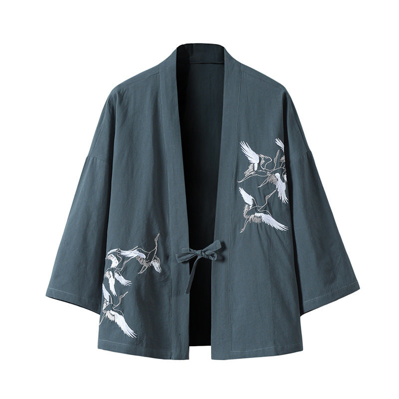 Unisex nan japanisch inspirierte Kimonojacke mit Kranichstickerei und Bindeschließe Echo Archiv