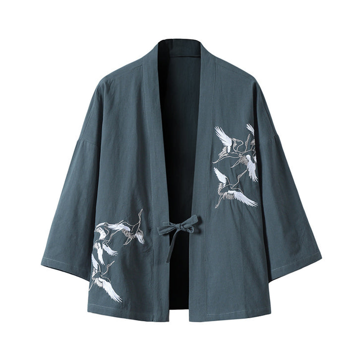 Unisex nan japanisch inspirierte Kimonojacke mit Kranichstickerei und Bindeschließe Echo Archiv