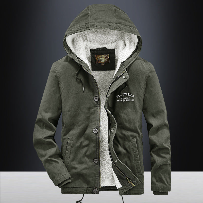 Herren Lässige Canvas-Kapuzenjacke mit durchgehendem Sherpa-Futter und doppelter Front – Taviero