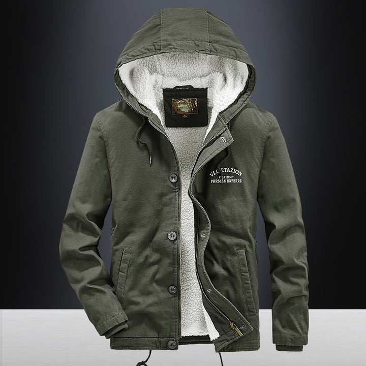 Herren Lässige Canvas-Kapuzenjacke mit durchgehendem Sherpa-Futter und doppelter Front – Taviero