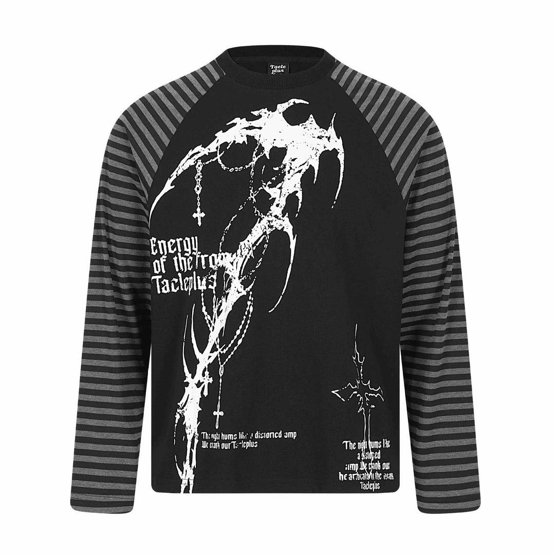 Unisex Langarmshirt im Raglanstil mit Gothic-Print und gestreiften Ärmeln Echoarchiv
