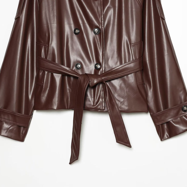 Damen Cropped Kunstlederjacke mit hochgeschlossenem Funnelkragen und Taillenband Echoarchiv
