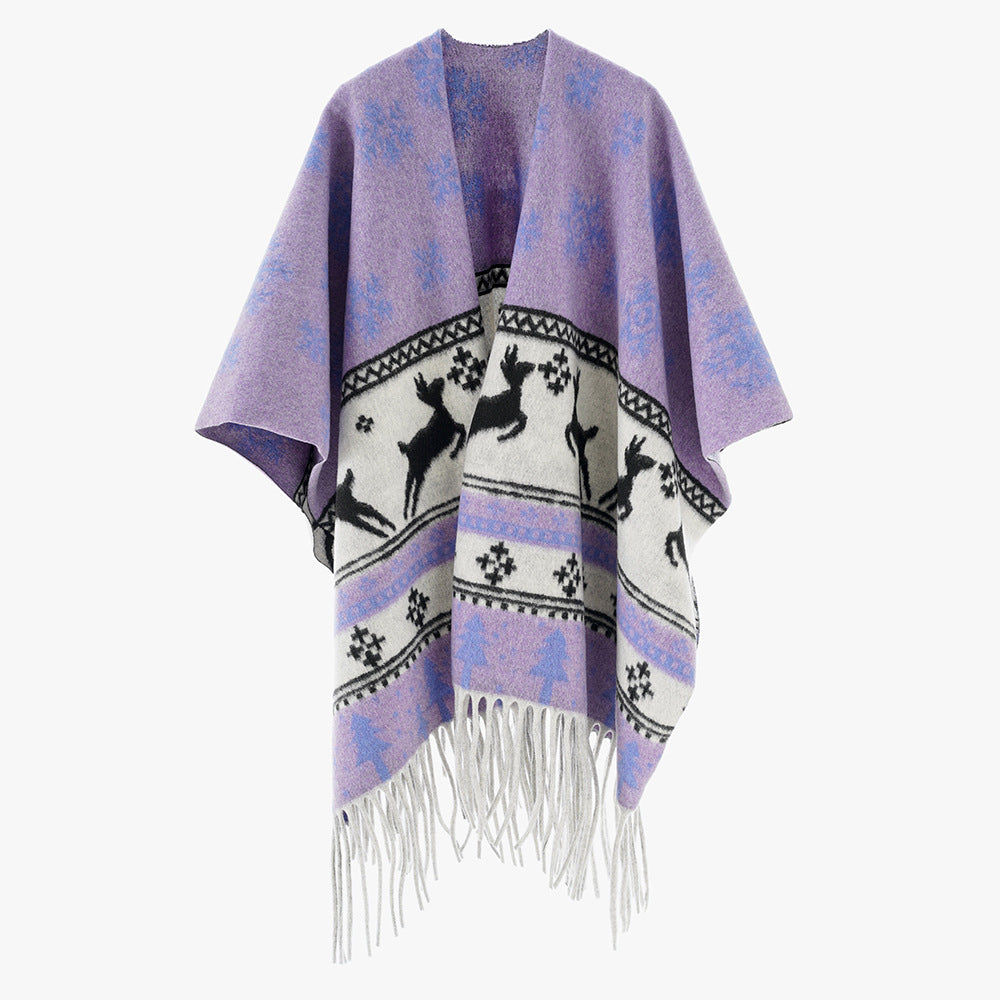 Damen Oversize-Poncho mit Norweger-Motiv und Fransen aus Wollmix Echo Archiv