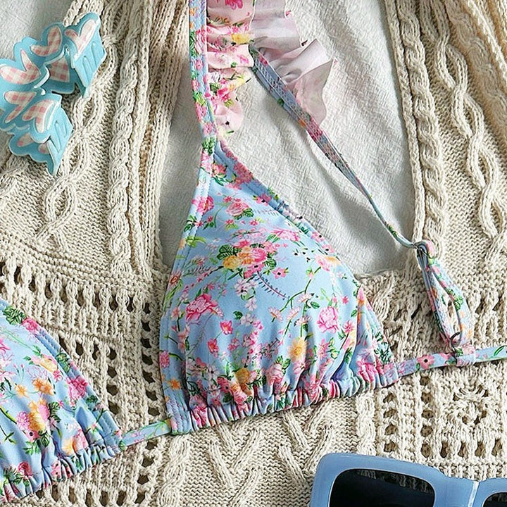 Damen Triangel-Bikini-Set mit floralen Rüschendetails und verstellbaren Trägern Echo Archiv