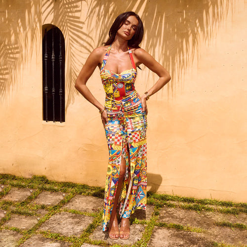Damen Sommerliches Maxikleid mit buntem Druck und aufregendem Schlitz Echo Archiv