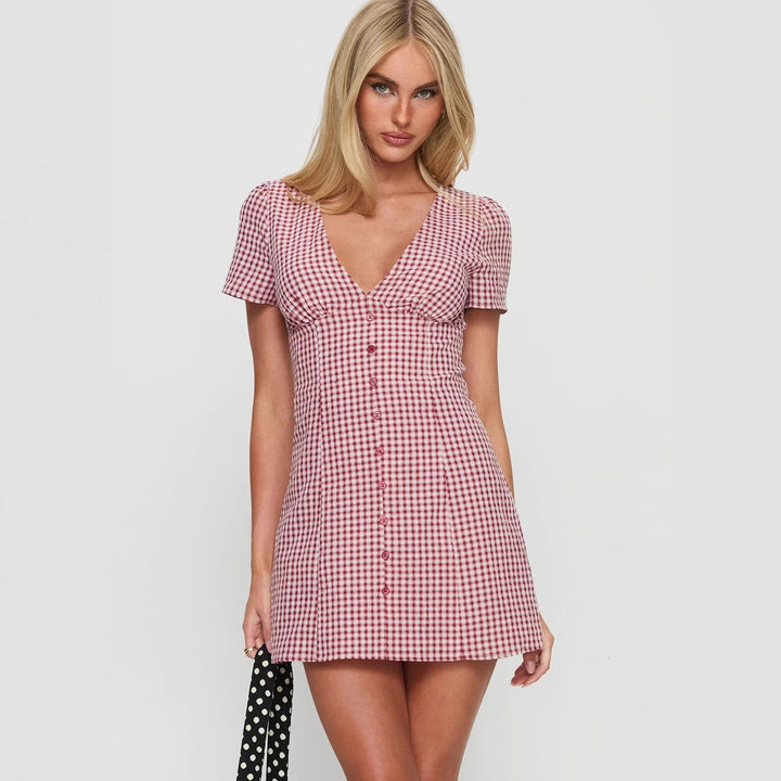 Damen Kurzärmeliges Kleid mit V-Ausschnitt und Knopfleiste Echo Archiv