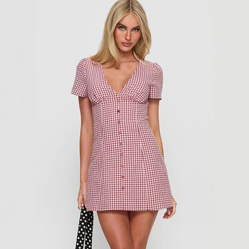 Damen Kurzärmeliges Kleid mit V-Ausschnitt und Knopfleiste Echo Archiv