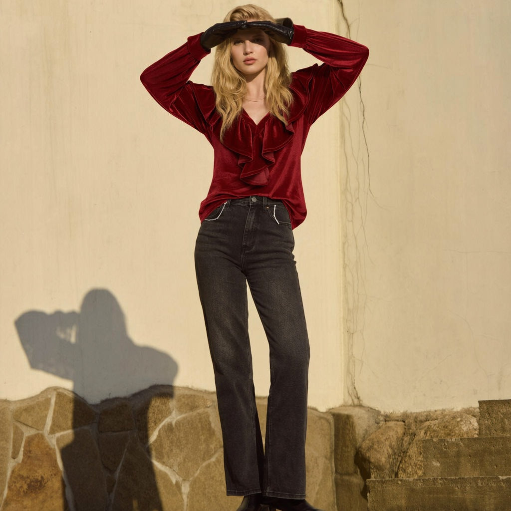 Damen schimmernde V-Neck Rüschenbluse mit Ballonärmeln und elastischen Bündchen – Élovi