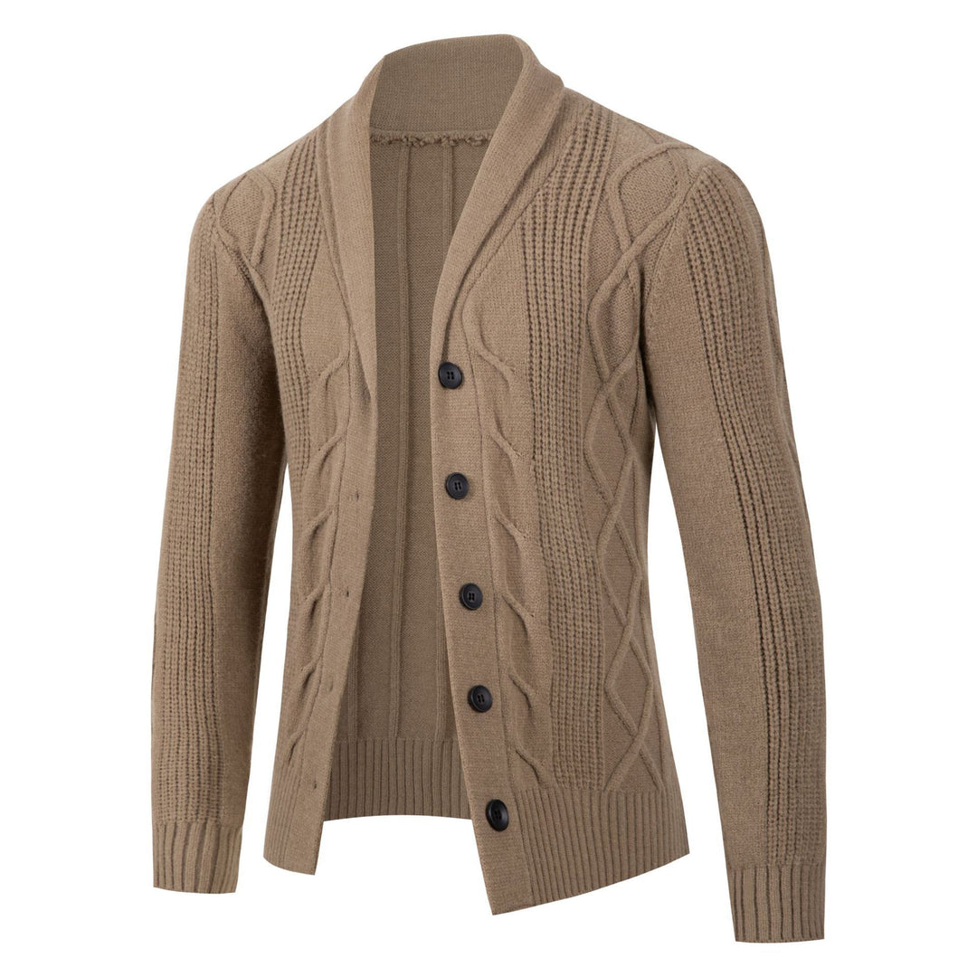 Herren modische Strickjacke mit hohem Kragen und dekorativem Zopfdesign Echoarchiv