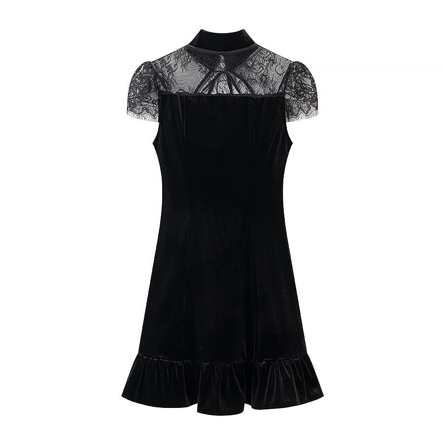 Damen Abendkleid mit transparenten Spitzenärmel und Rüschensaum Echo Archiv