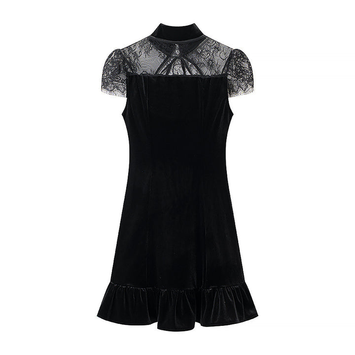 Damen Abendkleid mit transparenten Spitzenärmel und Rüschensaum Echo Archiv