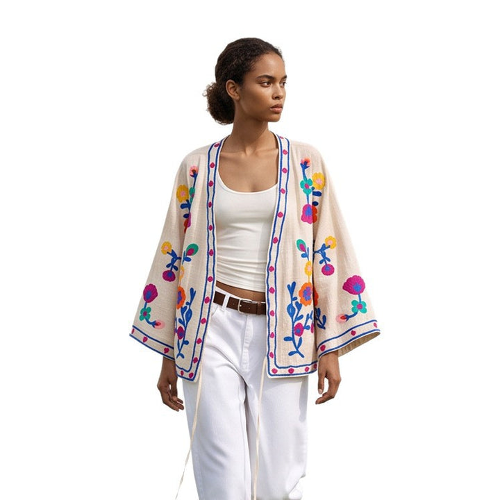 Damen bestickte Leinen‑Überwurfjacke mit folkloristischen Blumenapplikationen Echoarchiv