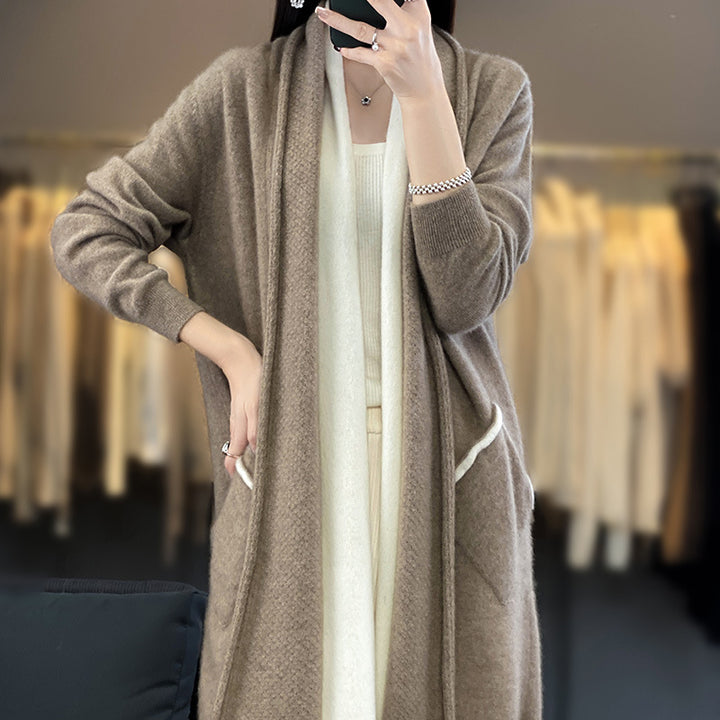 Damen Langer offener Cardigan in Kaschmir‑Look mit Schalkragen und Eingriffstaschen Echoarchiv