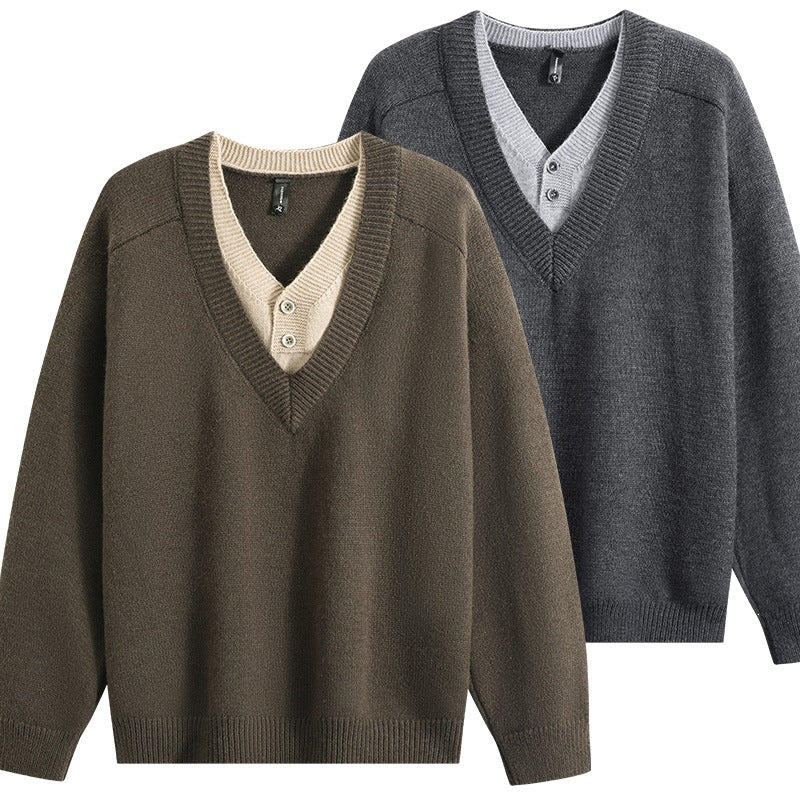 Unisex Oversize V‑Neck Strickpullover mit eingearbeiteter Henley-Optik Echoarchiv