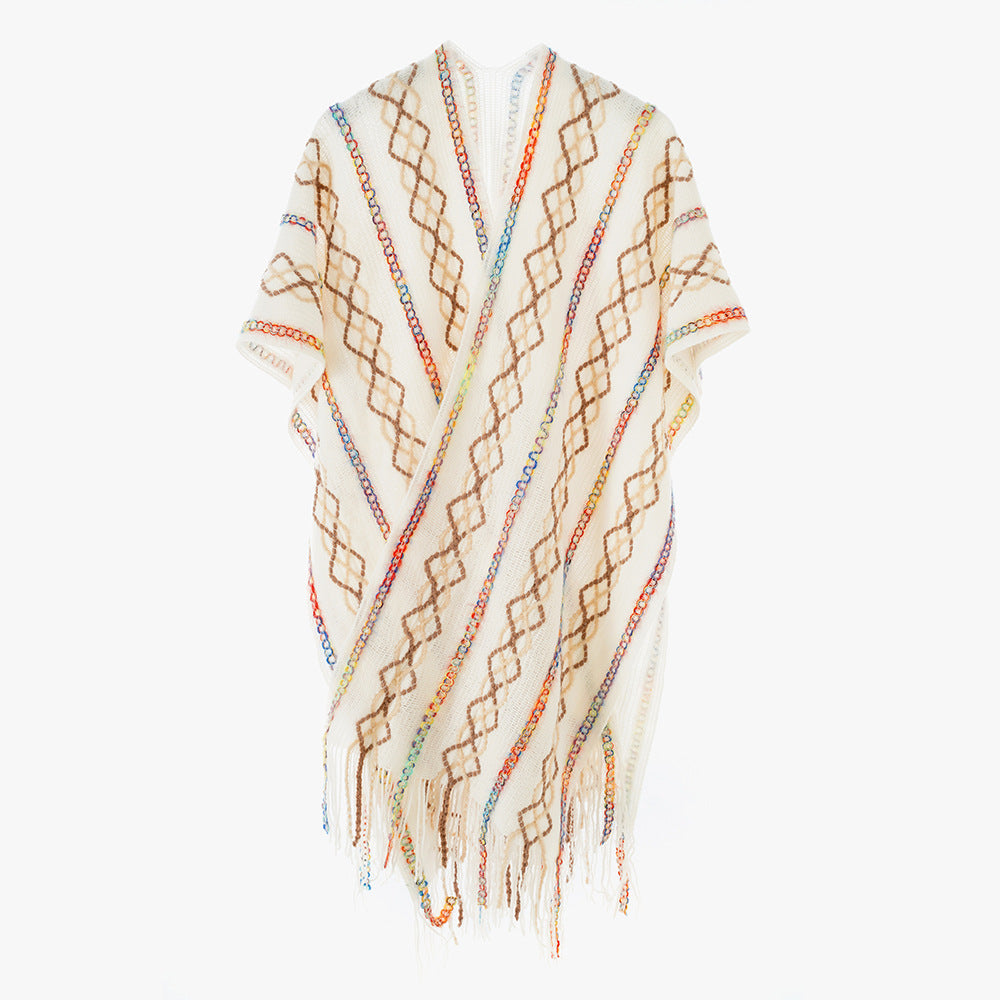 Damen Gewebter Fransenponcho mit V‑Ausschnitt und buntem Reliefjacquard – Avérine