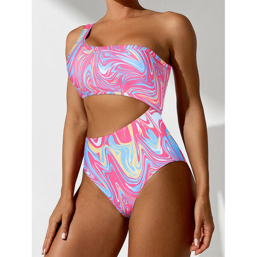 Damen One-Shoulder Bikini-Set mit buntem Muster und hohem Beinausschnitt Echo Archiv