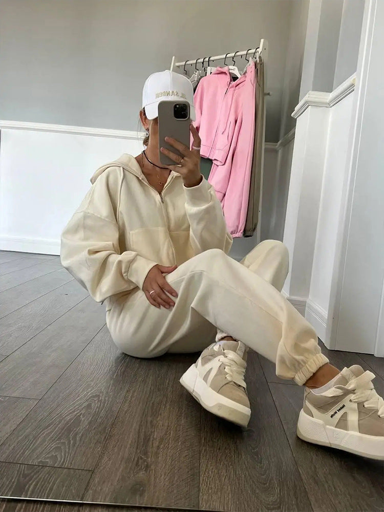 Damen lässiges Kapuzen-Sweatshirt und Jogginghose Set in Oversize-Passform mit Reißverschluss und Kängurutasche – Avérine