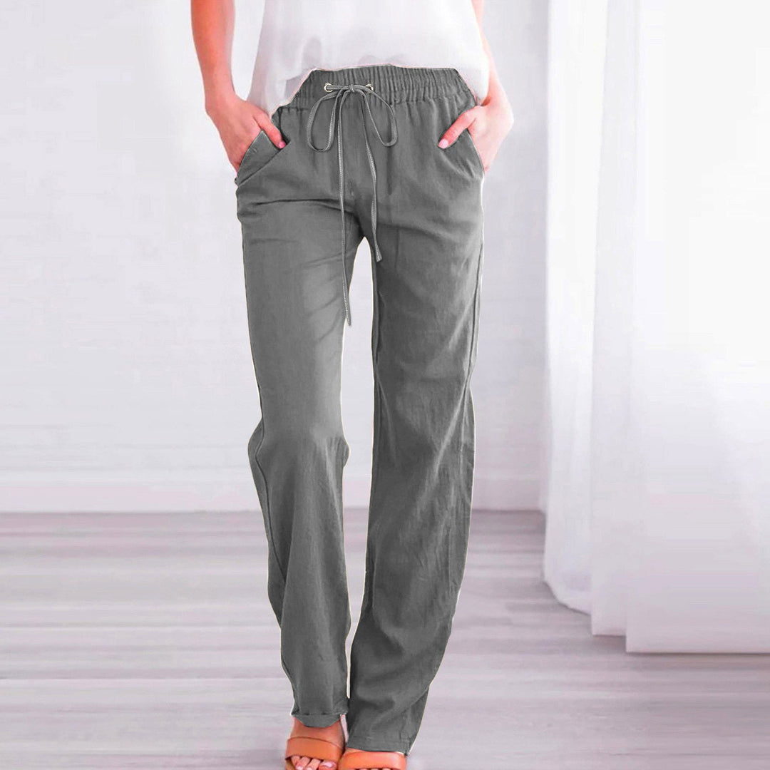 Damen Bequeme Leinen-Hose mit elastischem Bund und Taschen Echoarchiv