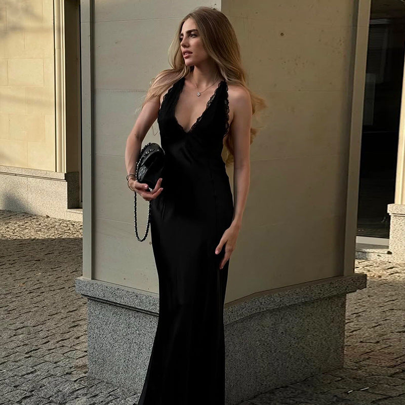 Damen elegantes langes Kleid mit verführerischem Spitzendetail und tiefem Ausschnitt Echo Archiv