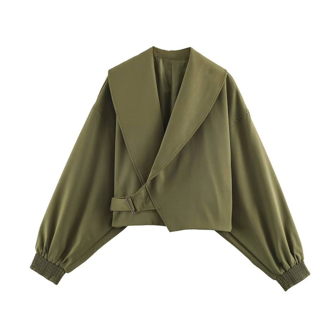Damen Cropped-Jacke mit weitem Matrosenkragen, asymmetrischem Überschlag und Ballonärmeln Echo Archiv