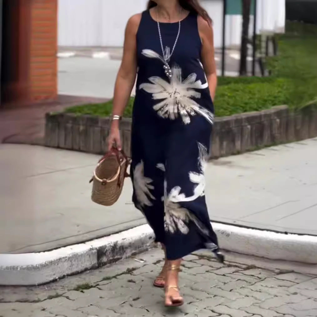 Damen nan ärmelloses lässiges Maxikleid aus Leichtjersey mit großflächigem Pinselblumenmuster und versteckten Seitentaschen Echo Archiv