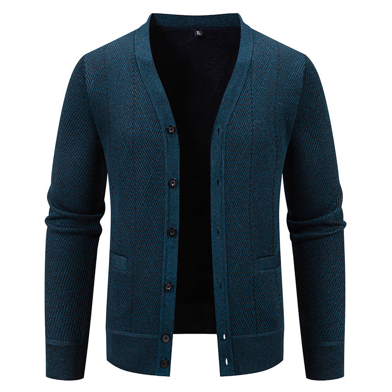 Herren Strukturierter Feinstrick-Cardigan mit Chevron‑Muster, V‑Ausschnitt und Eingrifftaschen Echo Archiv