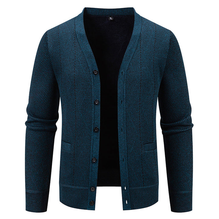 Herren Strukturierter Feinstrick-Cardigan mit Chevron‑Muster, V‑Ausschnitt und Eingrifftaschen Echo Archiv