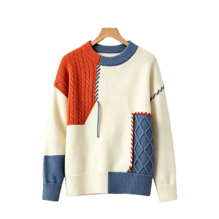 Damen Oversize Strickpullover im Patchwork‑Design mit Zopfmuster‑Einsätzen – Mavelle
