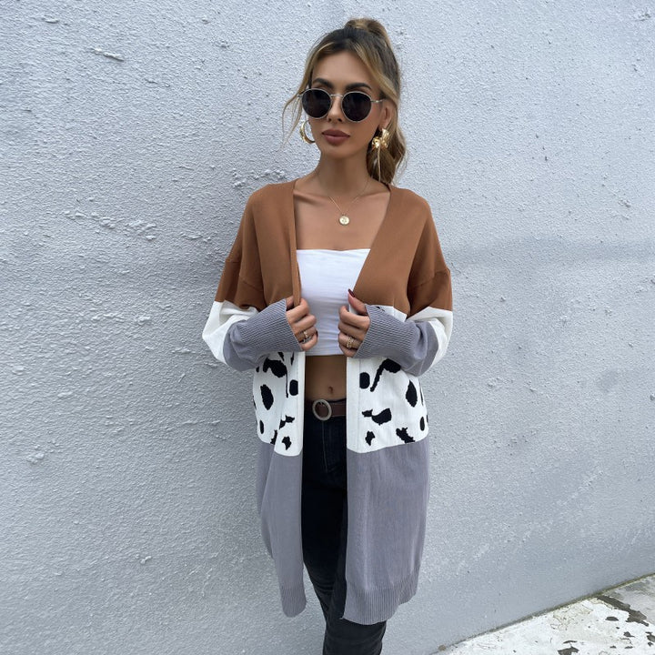 Damen Offene Longcardigan im Blockdesign mit Animal‑Intarsien und gerippten Abschlüssen Echoarchiv