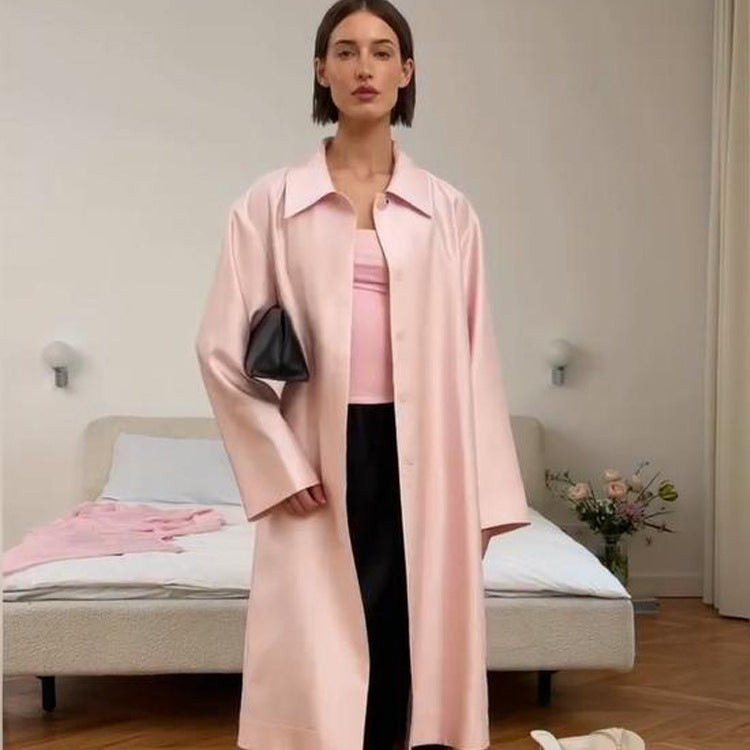 Damen leichter satinähnlicher Longmantel im Oversize-Schnitt mit weitem Revers Echoarchiv