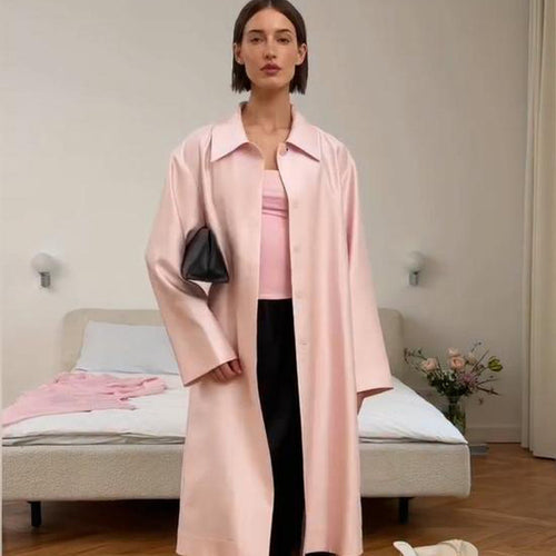 Damen leichter satinähnlicher Longmantel im Oversize-Schnitt mit weitem Revers Echoarchiv