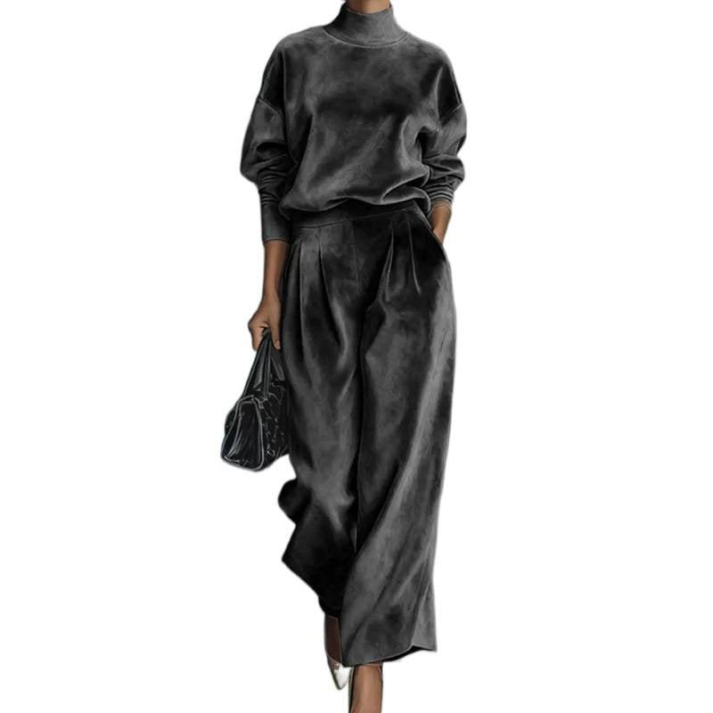 Damen Zweiteiliges Samt-Loungewear-Set mit Stehkragen und Plissee-Palazzohose – Élanora