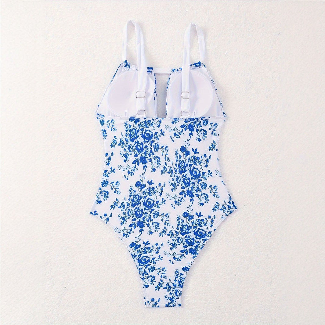 Damen Einteiliger Badeanzug mit floralem Design und tiefem V-Ausschnitt Echo Archiv