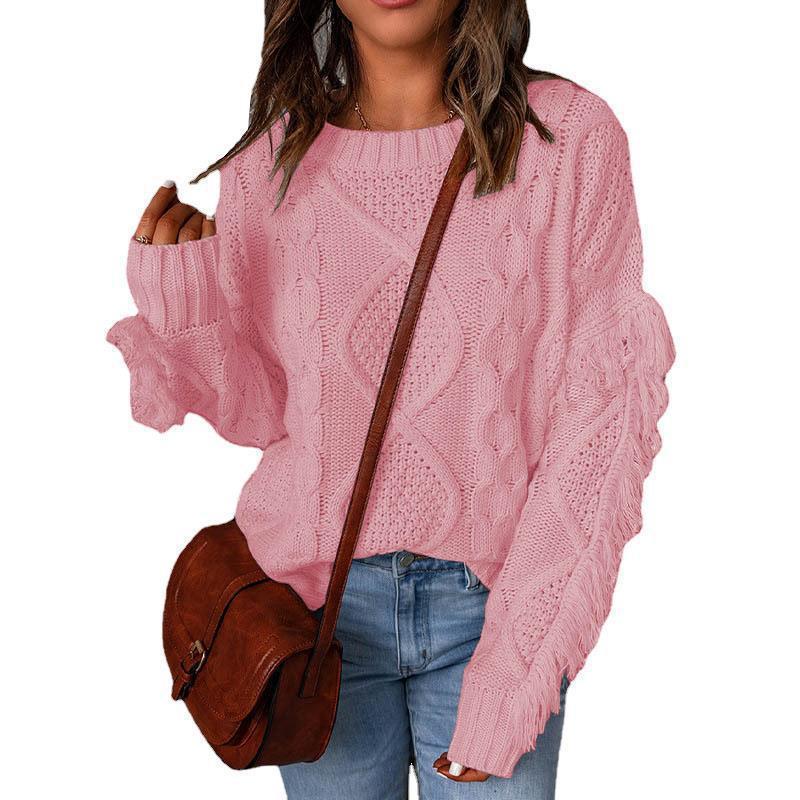 Damen Grobstrick-Pullover mit Zopfstruktur, fransigen Ärmeln und legerer Oversize-Passform Echo Archiv