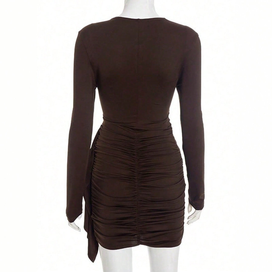 Damen figurbetontes langarm-Bodycon-Minikleid mit Taillenraffung und asymmetrischer Drapierung – Élara