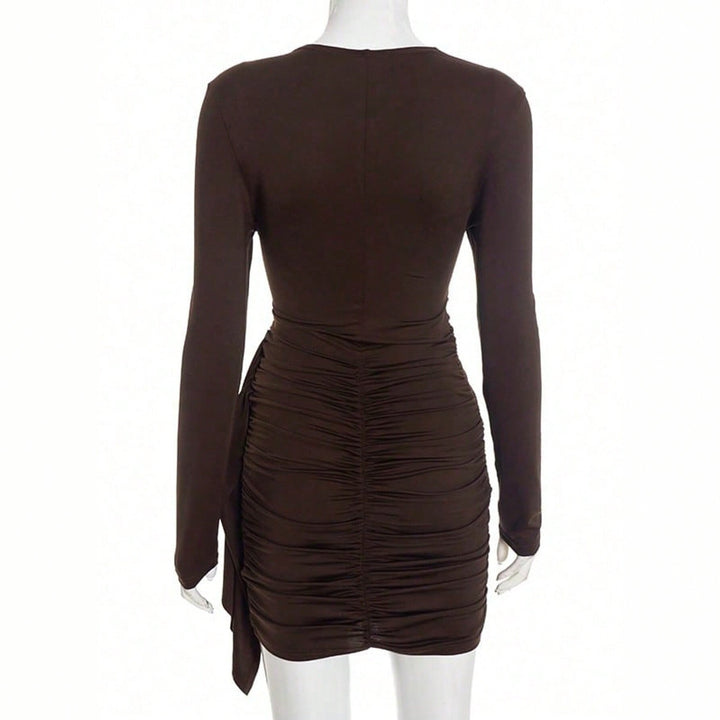 Damen figurbetontes langarm-Bodycon-Minikleid mit Taillenraffung und asymmetrischer Drapierung – Élara