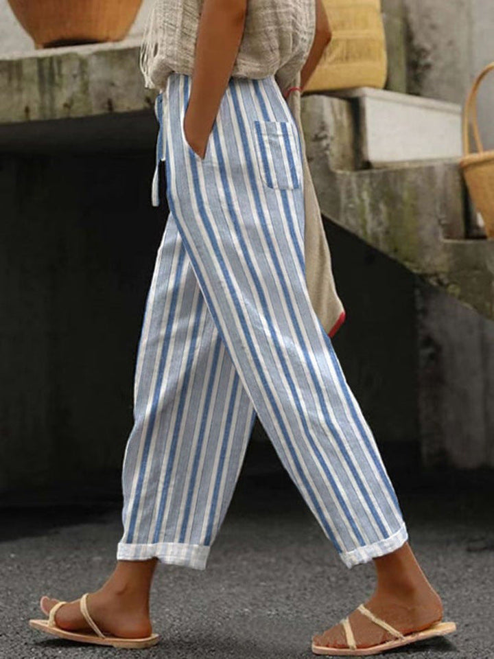 Damen Weite Leinenhose mit handgewebtem Muster Echoarchiv